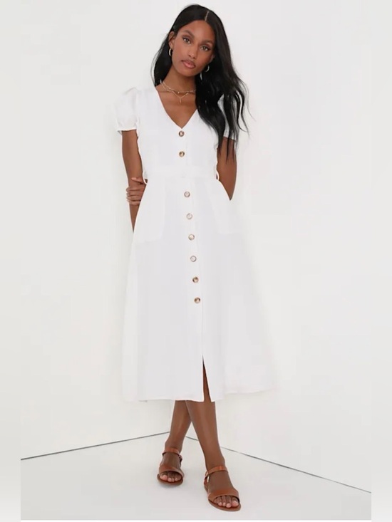 Lulus Dresses & Skirts - Sicily Sweetheart White Button-Front Puff Sleeve Midi Dress